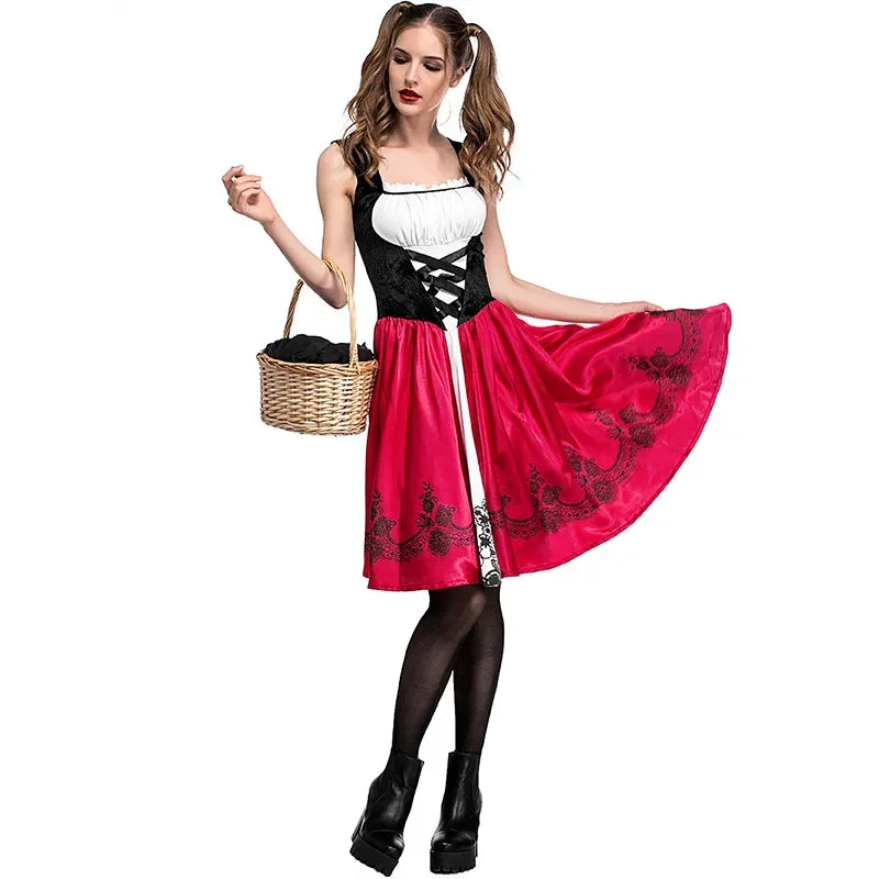 Vintage Halloween Witch Little Red Riding Hood Outfit Costume Cosplay Fancy Dress Carnival Party Performance Dress Cape Set