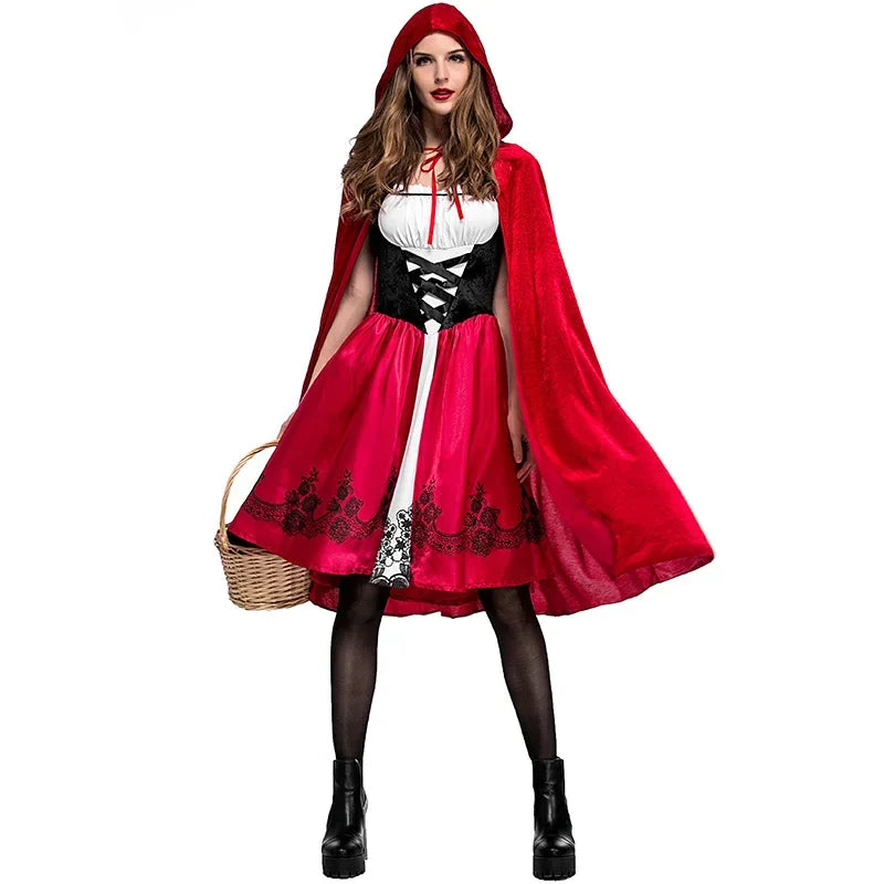 Vintage Halloween Witch Little Red Riding Hood Outfit Costume Cosplay Fancy Dress Carnival Party Performance Dress Cape Set
