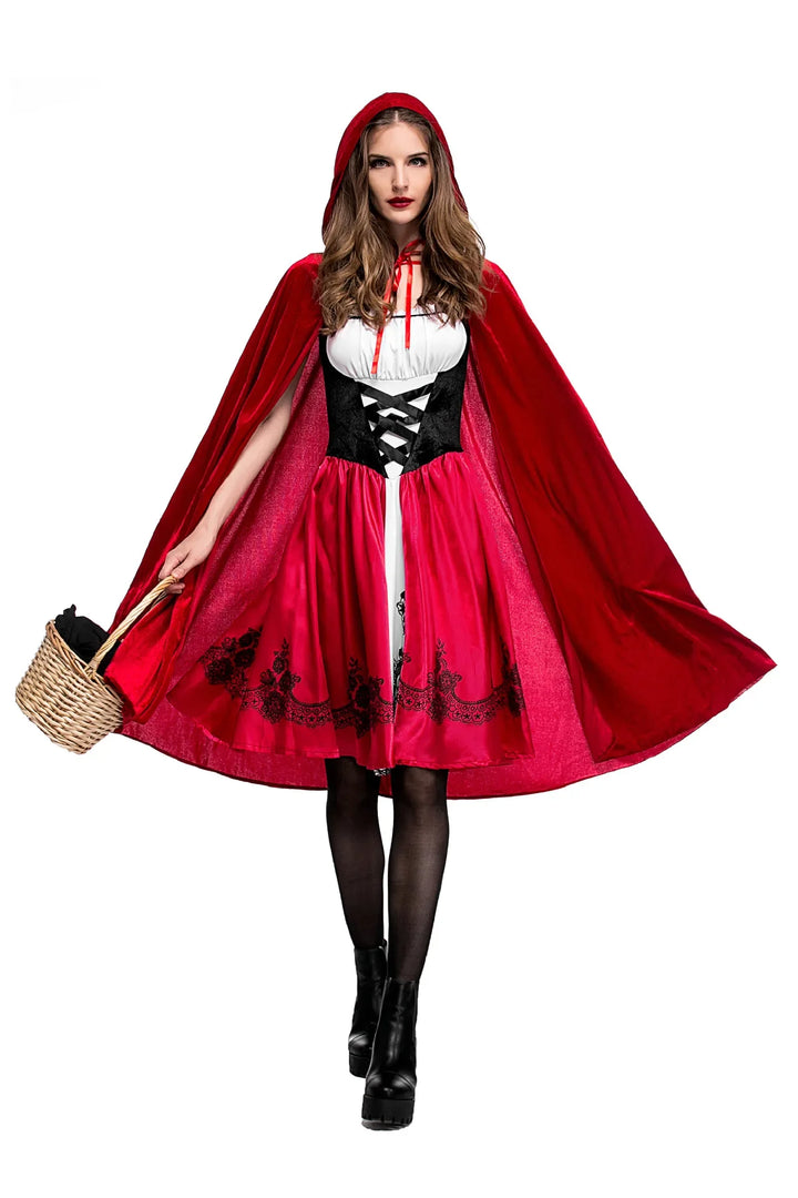 Vintage Halloween Witch Little Red Riding Hood Outfit Costume Cosplay Fancy Dress Carnival Party Performance Dress Cape Set